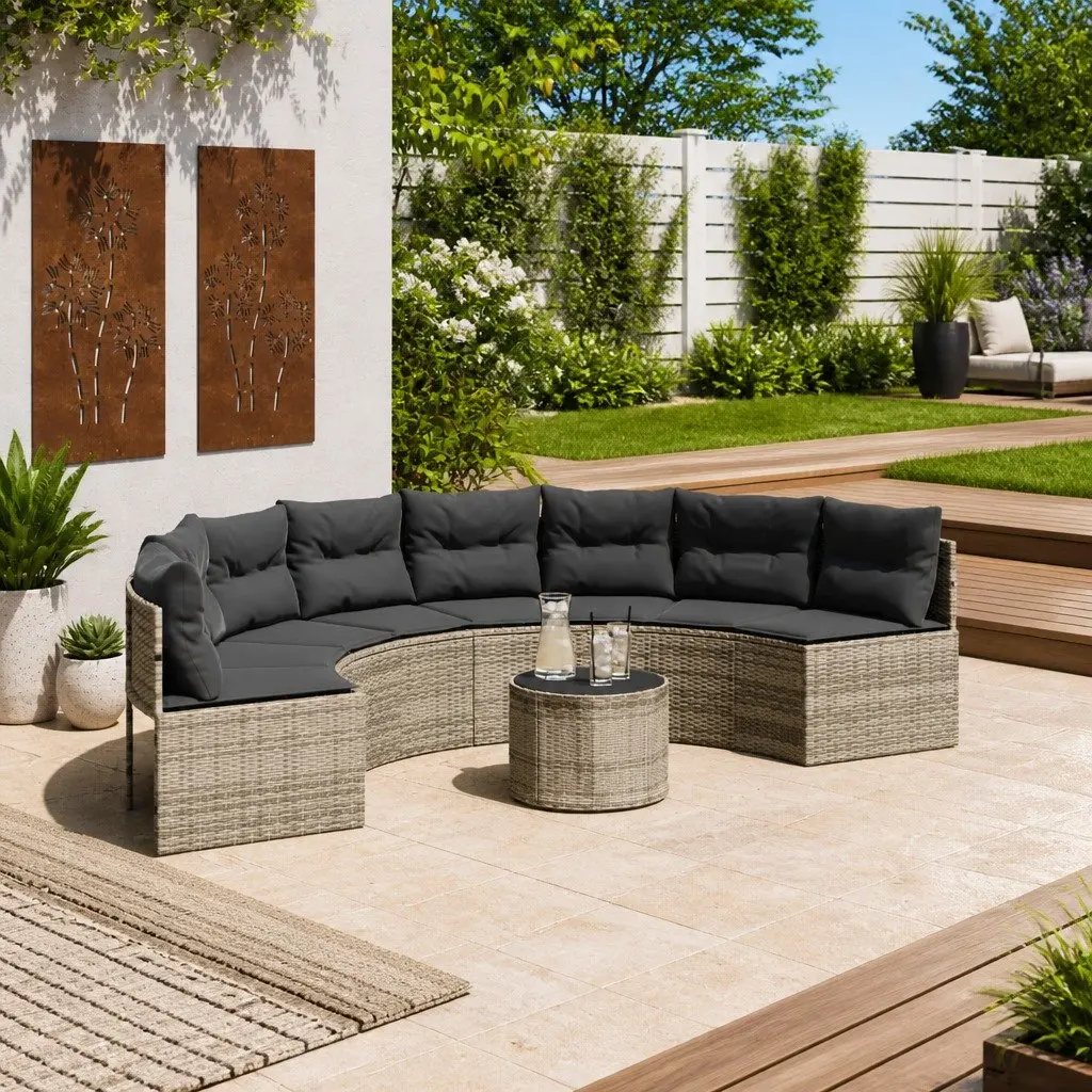 Half-Round Garden Sofa Set Grey Poly Rattan Outdoor Furniture with Table