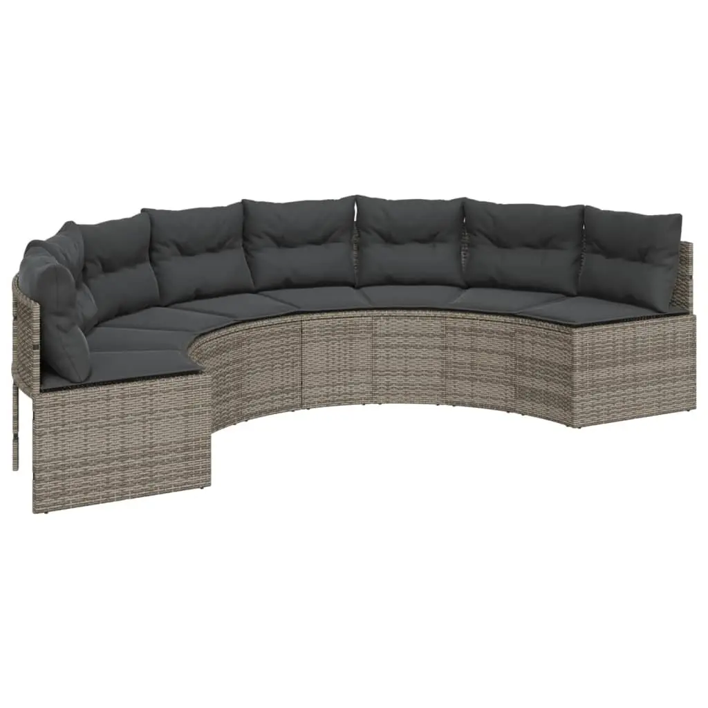 Half-Round Garden Sofa Set Grey Poly Rattan Outdoor Furniture with Table