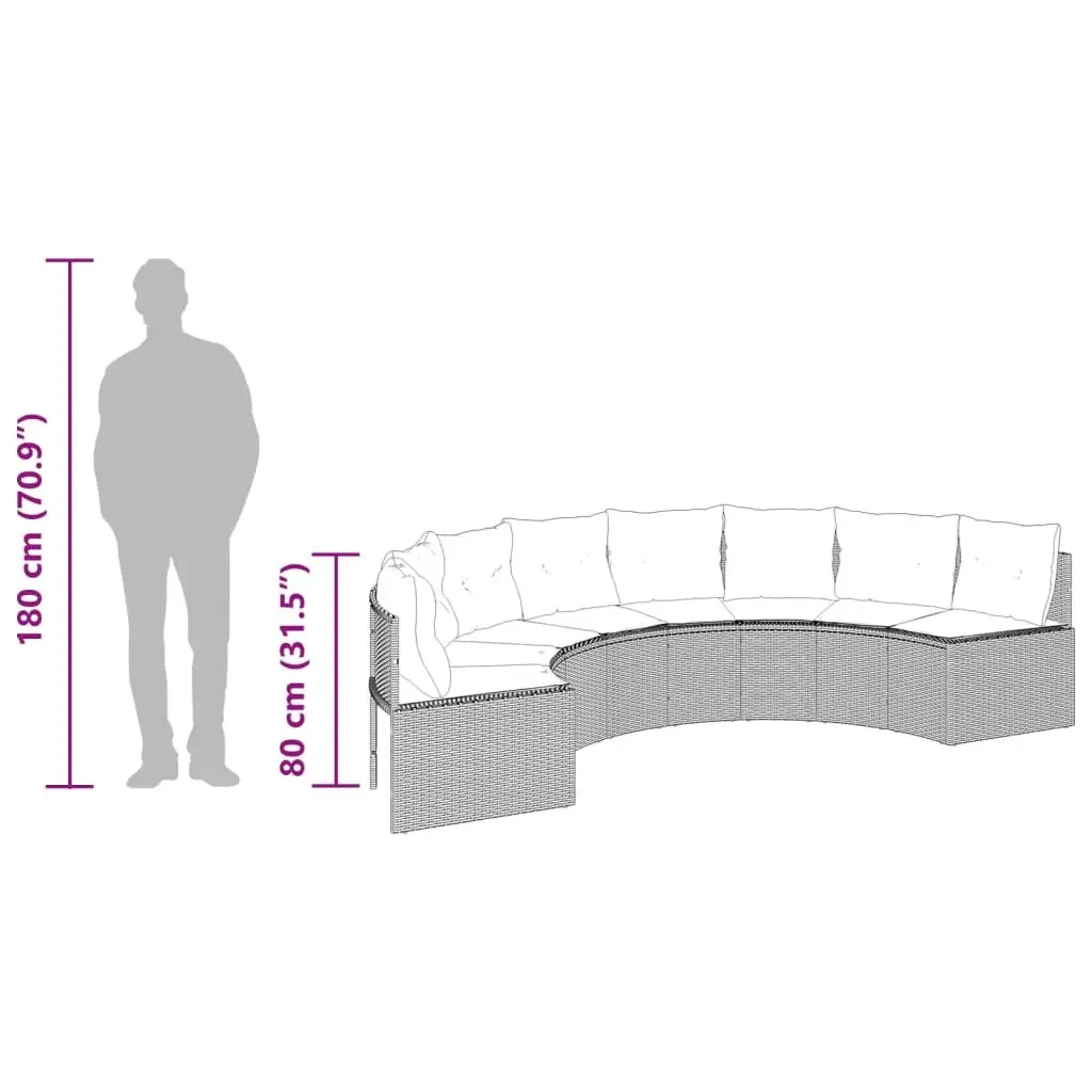 Half-Round Garden Sofa Set Grey Poly Rattan Outdoor Furniture with Table