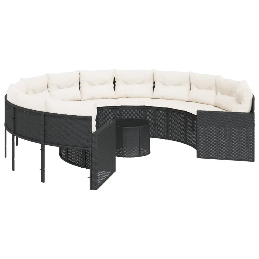 Round Garden Sofa Set Black Poly Rattan with Table and Cushions