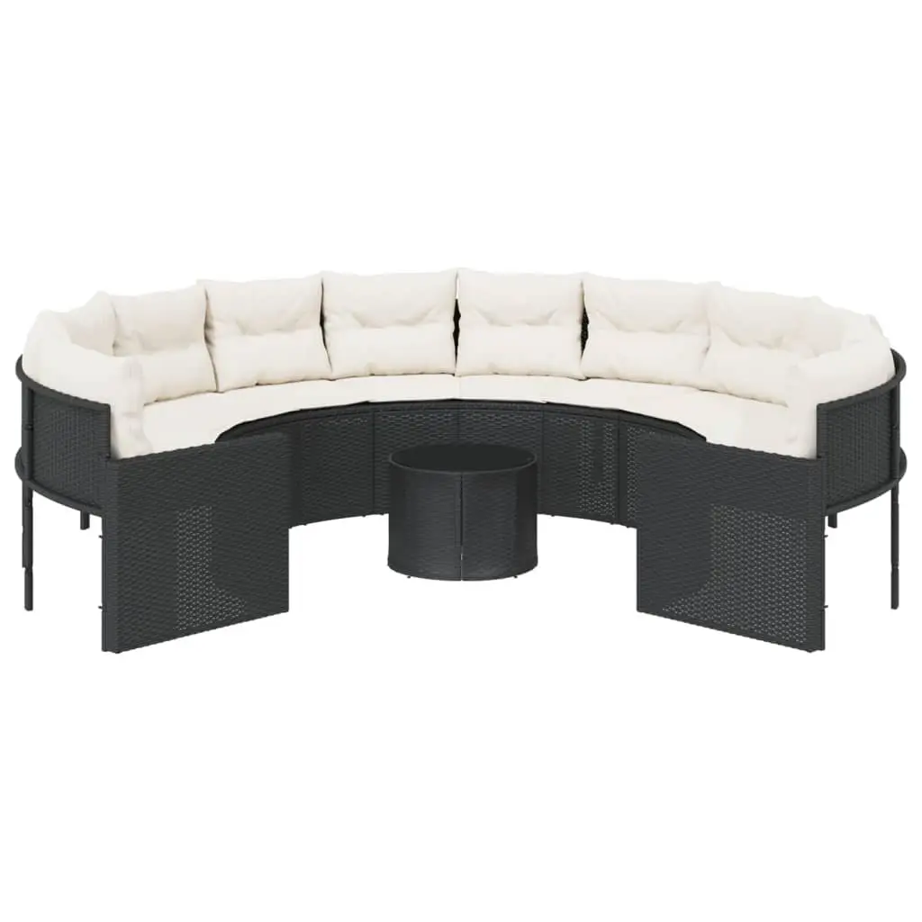 Round Garden Sofa Set Black Poly Rattan with Table and Cushions