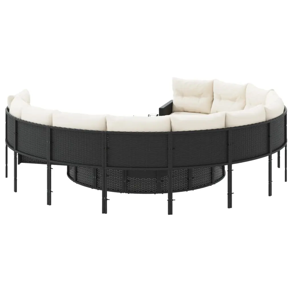 Round Garden Sofa Set Black Poly Rattan with Table and Cushions