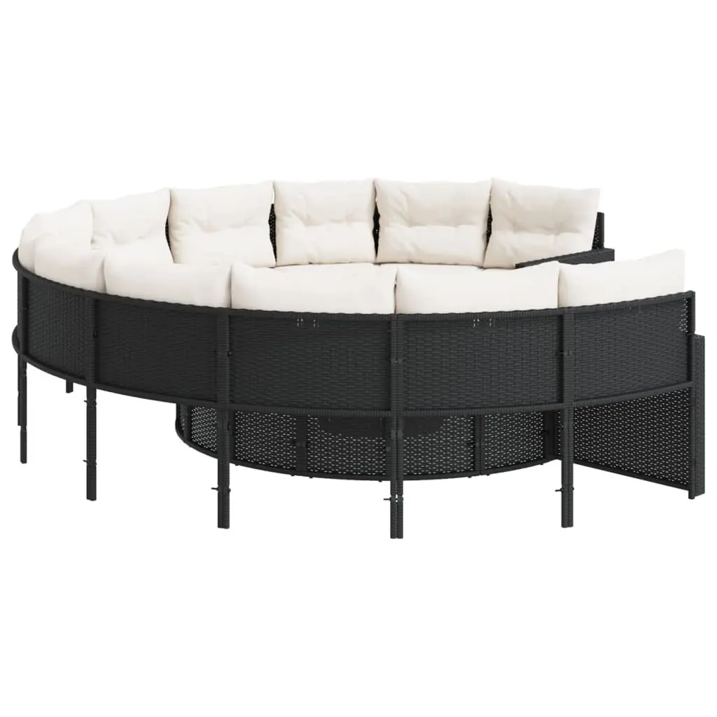 Round Garden Sofa Set Black Poly Rattan with Table and Cushions
