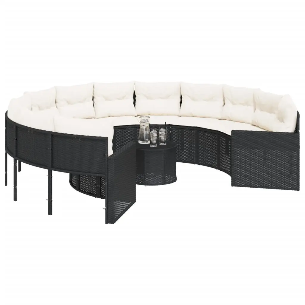 Round Garden Sofa Set Black Poly Rattan with Table and Cushions