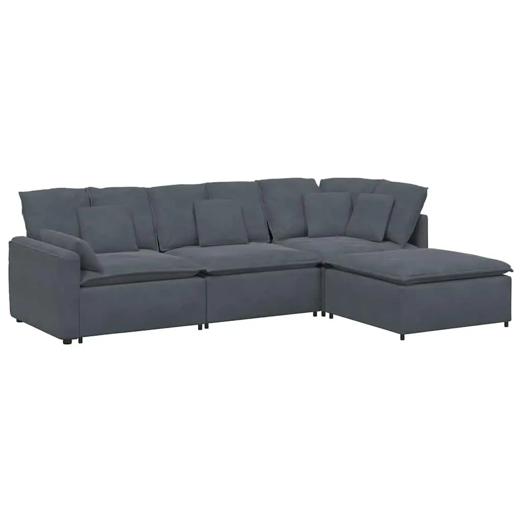 Grey Velvet Four Piece Modular Sectional Sofa with Footstool for Flexible Living Room Arrangement