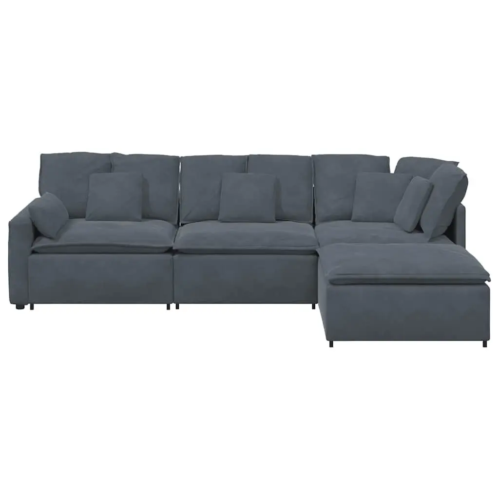 Grey Velvet Four Piece Modular Sectional Sofa with Footstool for Flexible Living Room Arrangement