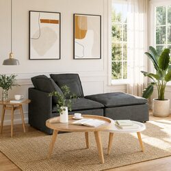 Modular Sectional Sofa with Footstool Cushions Grey Fabric Living Room Seating