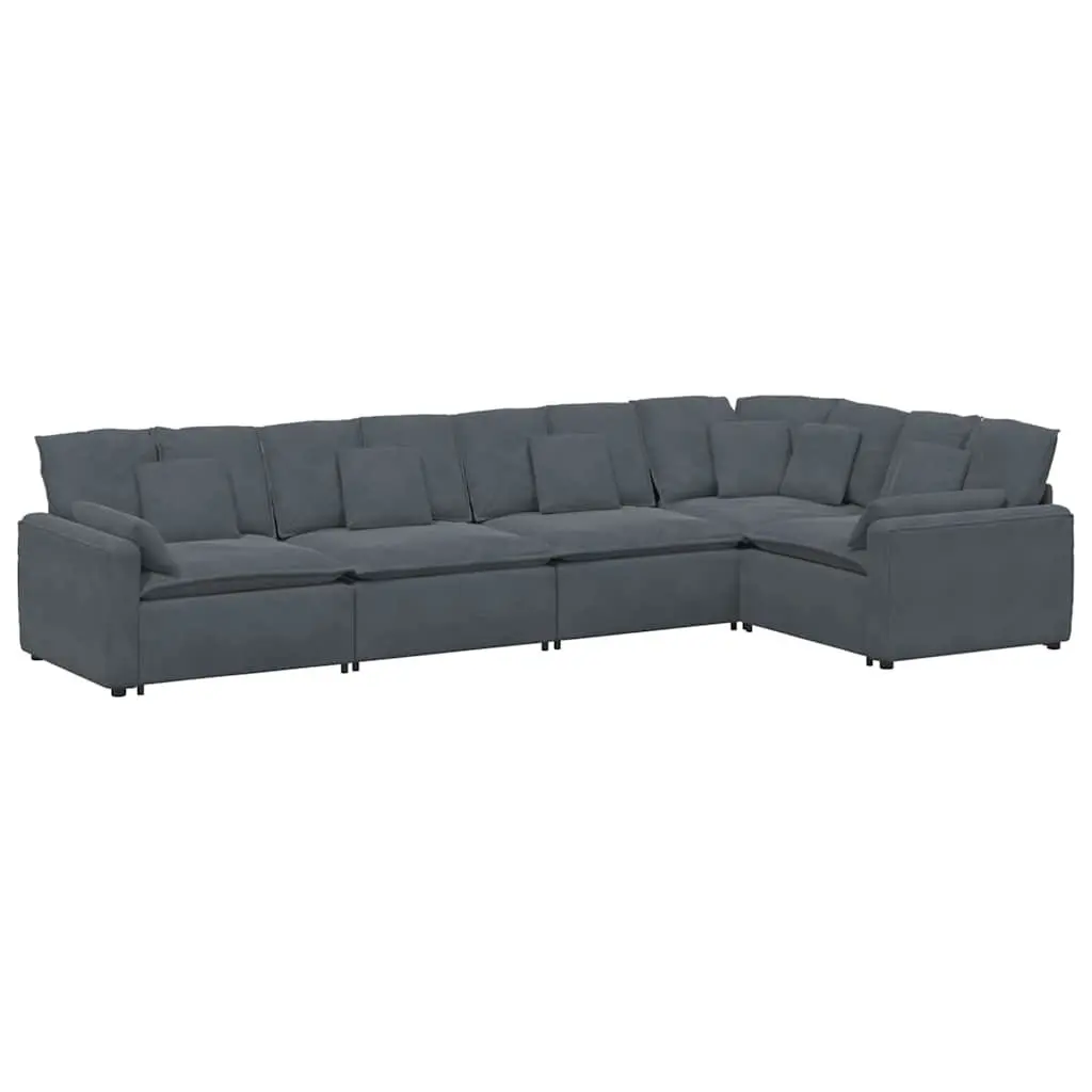 Five Section Modular Lounge Sofa in Grey Velvet with Cushions for Flexible Living Room Arrangement