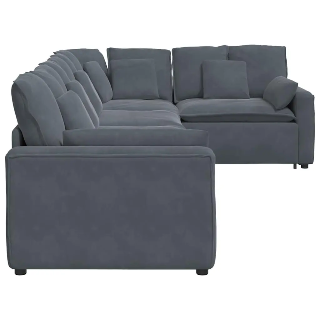 Five Section Modular Lounge Sofa in Grey Velvet with Cushions for Flexible Living Room Arrangement