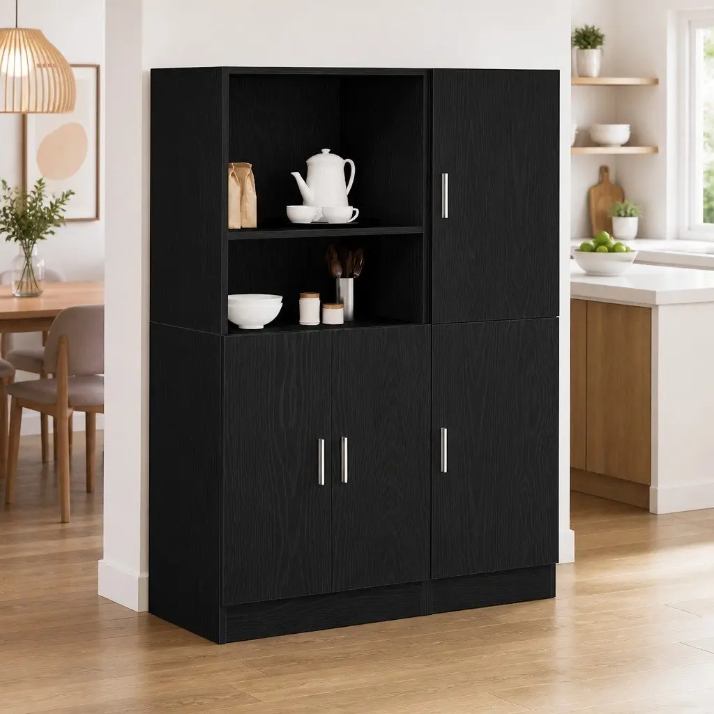 Black Wall Mounted Kitchen Cabinet Set 2 Piece Engineered Wood Storage Shelves