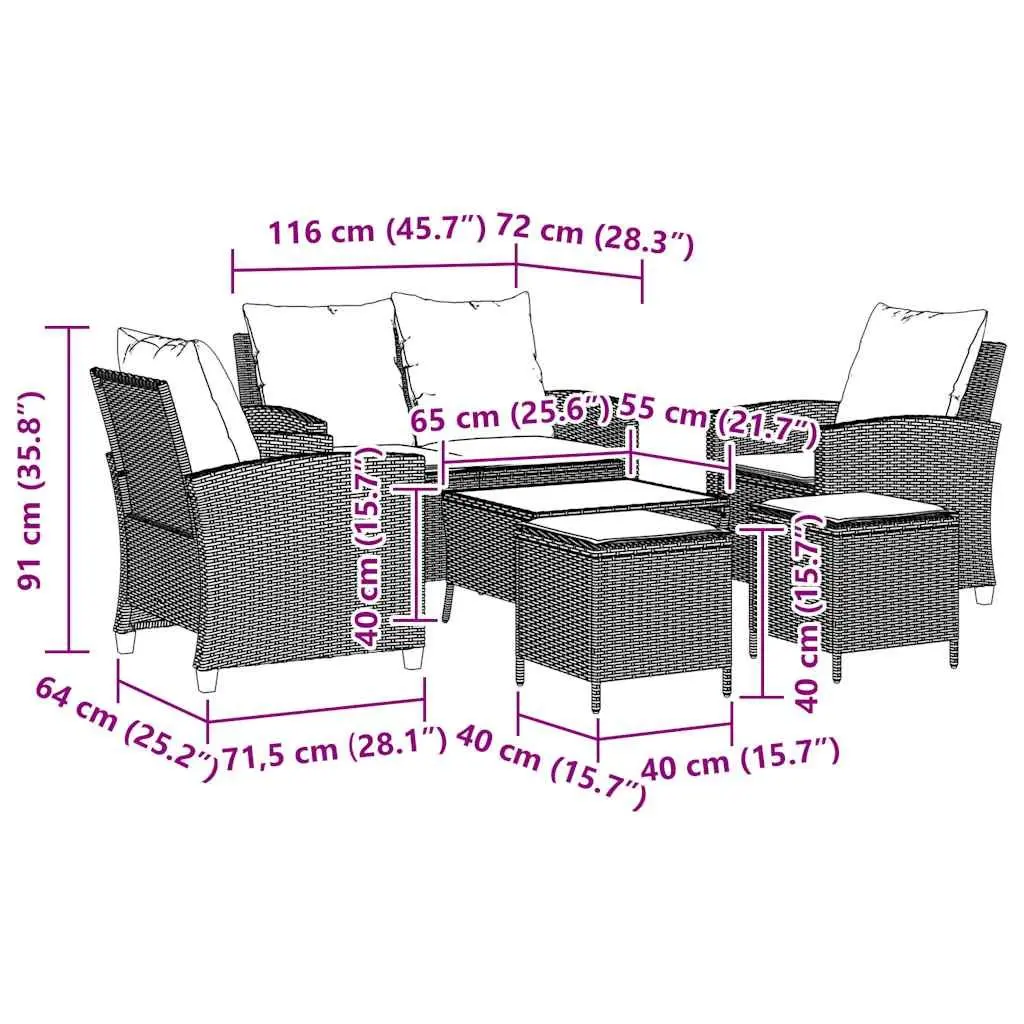 Garden Sofa Set 6 Piece Outdoor Furniture Grey Poly Rattan Patio Lounge with