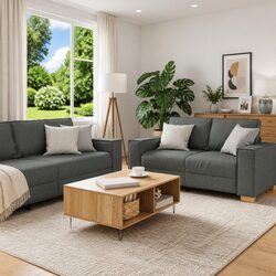 3-Piece Sofa Set Grey Linen-Blend Modern Living Room Furniture 220cm Wide Lounge