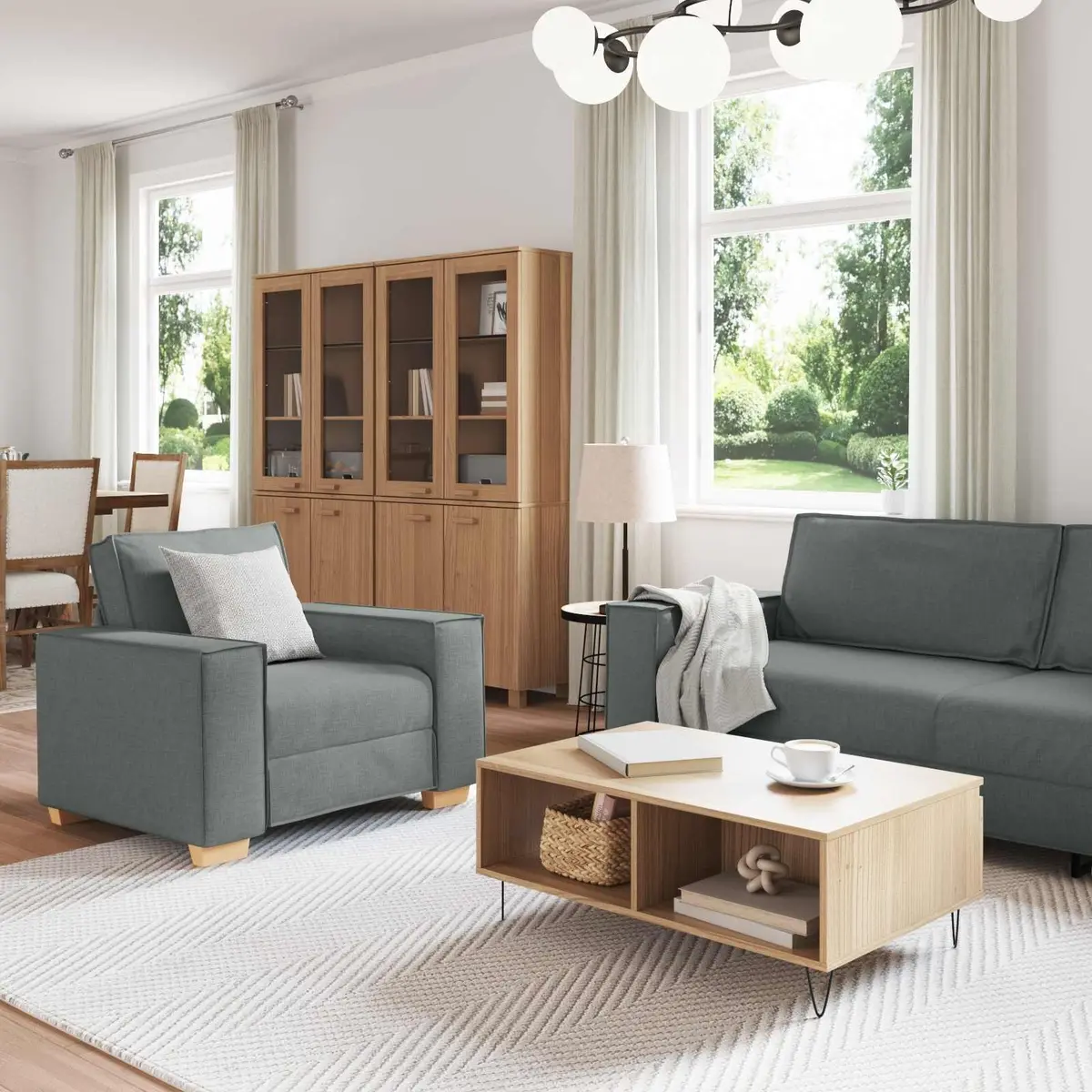 Sofa Set Grey Linen Blend 3 Piece 220cm Wide Contemporary Living Room Furniture