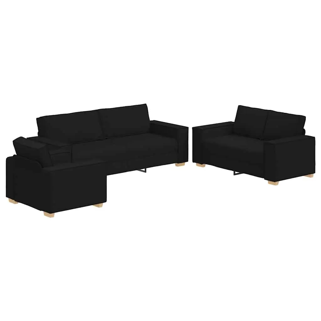 3 Piece Sofa Set Black Linen-Blend Fabric Living Room Furniture 2-Seater Chair