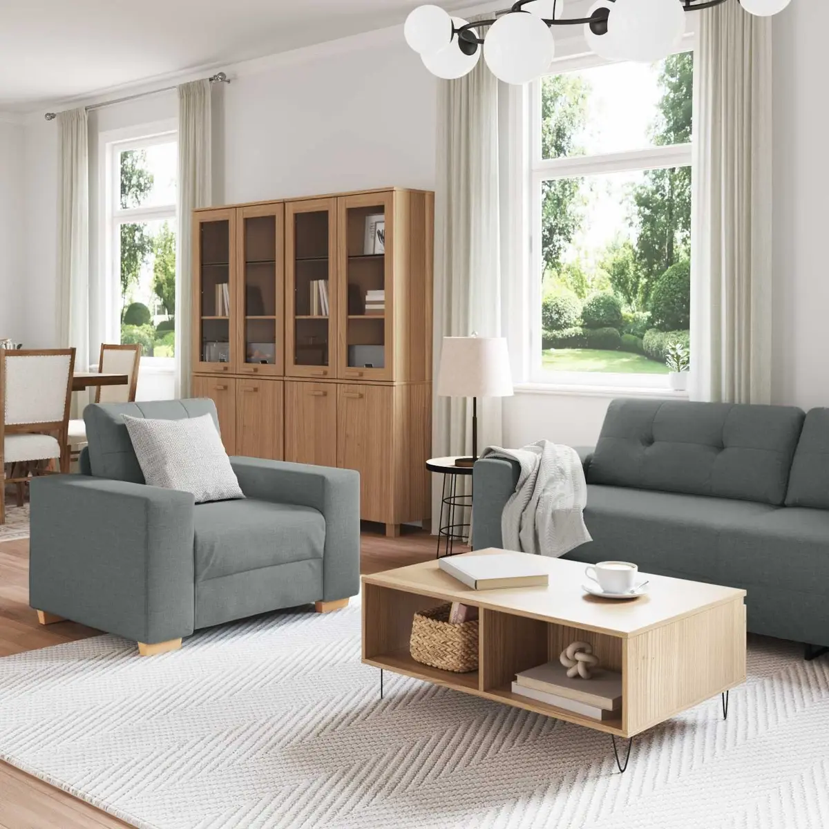 Modular Sofa Set 3-Piece Living Room Couch Grey Linen-blend Fabric Lounger