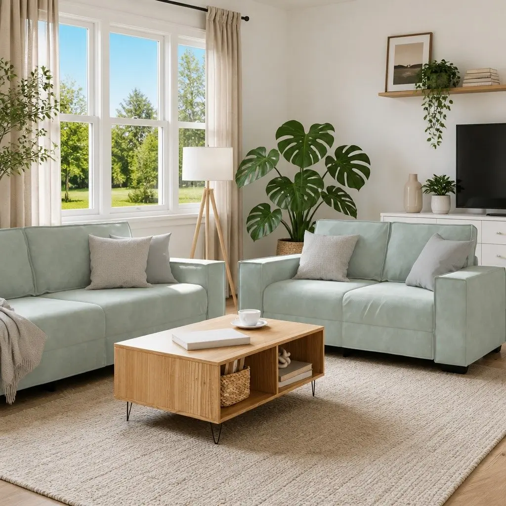 2 Piece Sofa Set Grey Velvet Upholstery Thickly Padded Seating