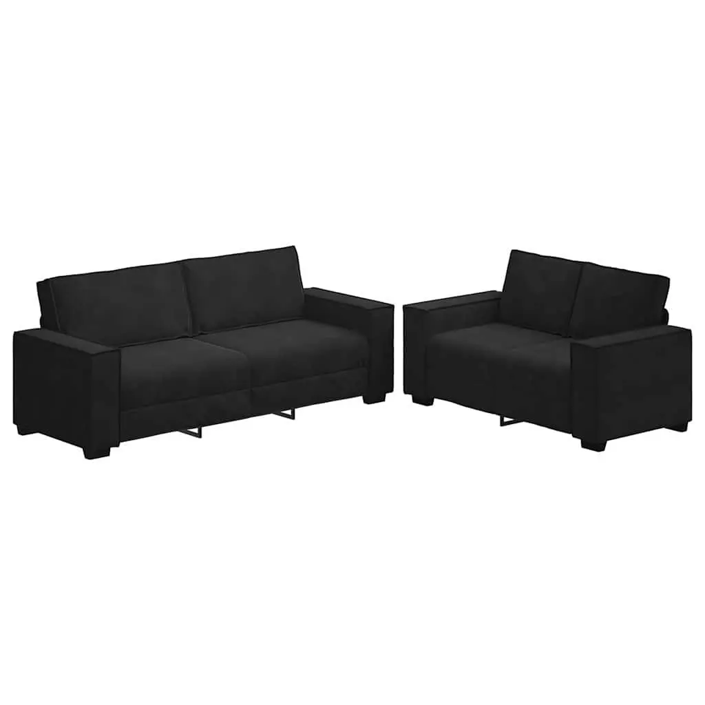 2 Piece Sofa Set Black Velvet Upholstery Thickly Padded Seating