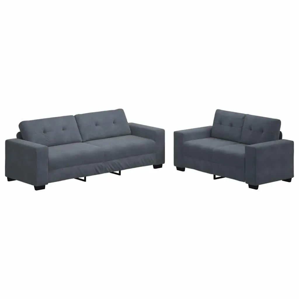 2 Piece Sofa Set Grey Velvet Upholstery Wide Armrests Thickly Padded