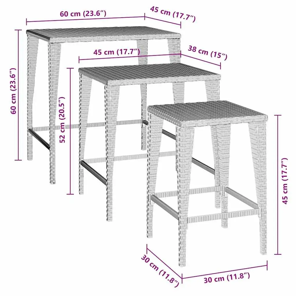 Outdoor Nesting Tables 3 Piece Set Black Garden Patio Furniture Stackable Design