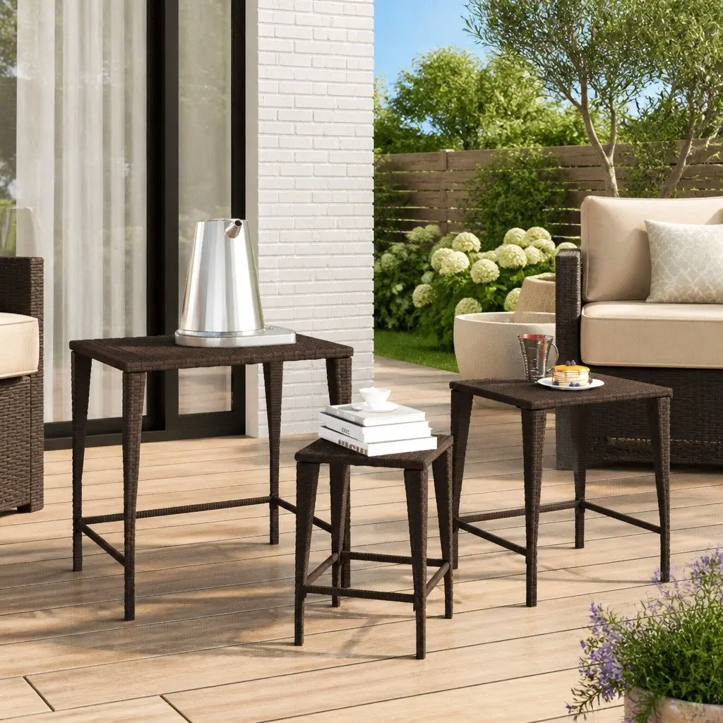 Garden Nesting Tables Stackable Brown 3 Piece Outdoor Furniture