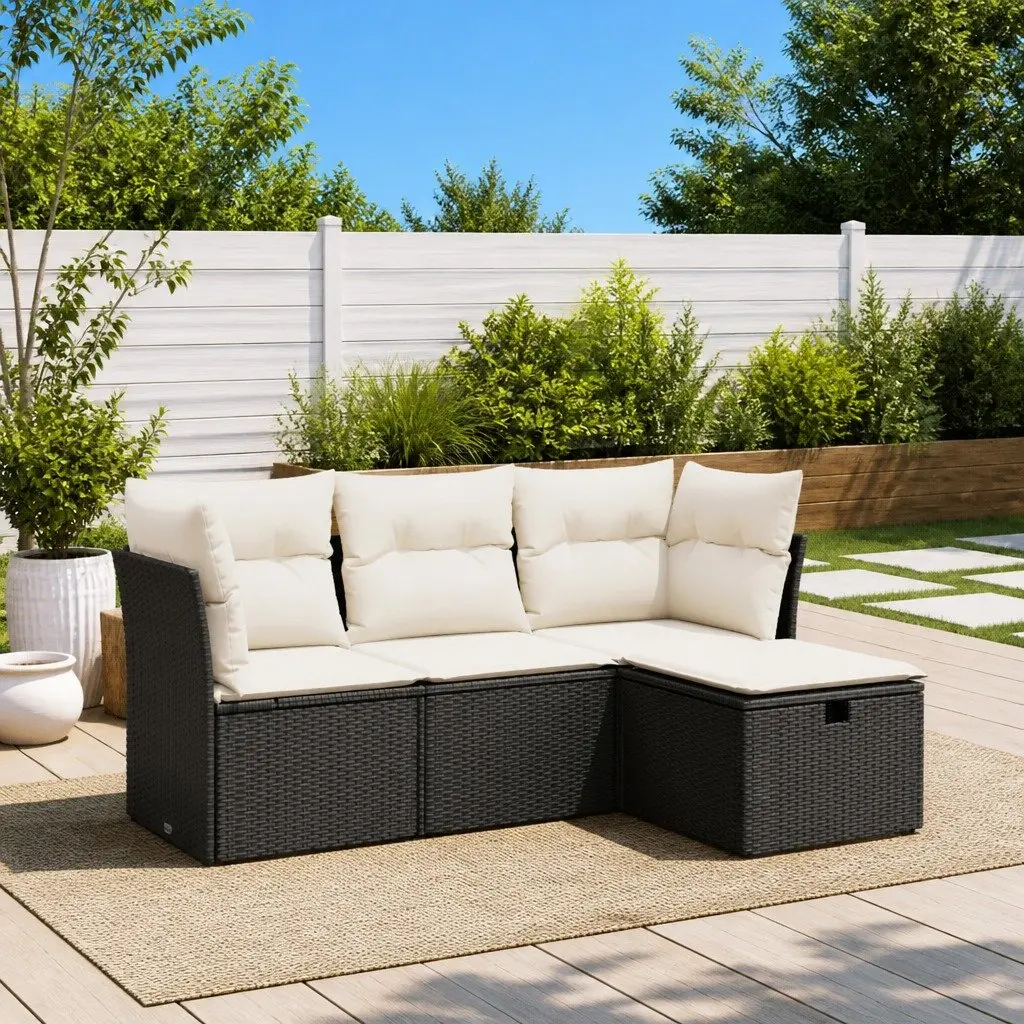 Garden Sofa Set Black Poly Rattan 4 Piece Outdoor Furniture with Cushions