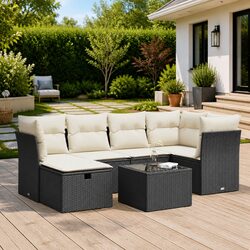 Garden Sofa Set 7 Piece Outdoor Furniture with Cushions Black Poly Rattan Patio