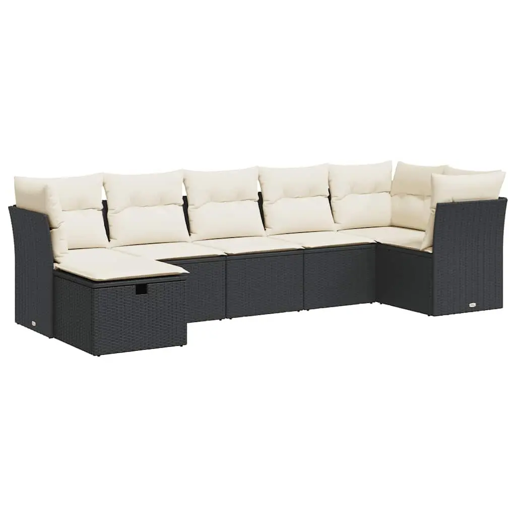7 Piece Outdoor Garden Sofa Set Black Poly Rattan Patio Furniture with Cushions