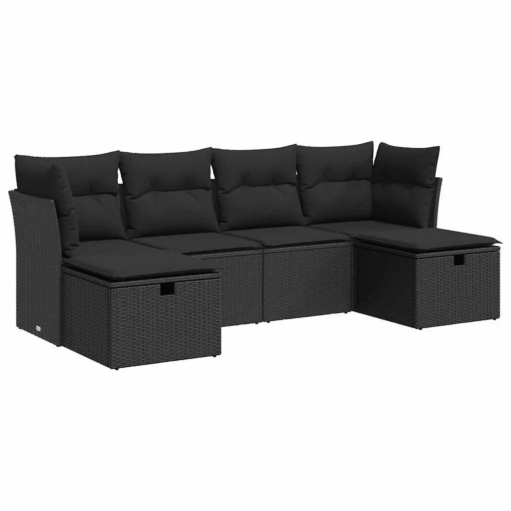 Modular 6 Piece Outdoor Garden Sofa Set Black PE Rattan with Storage and Removable Cushions