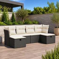 Garden Sofa Set 6 Piece Outdoor Furniture Black Poly Rattan Modular Patio