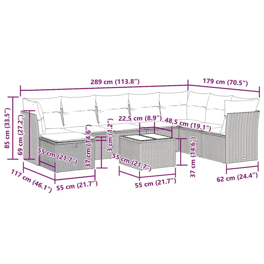 Outdoor Furniture Sofa Set Modular Black Poly Rattan 9 Piece Garden Lounge