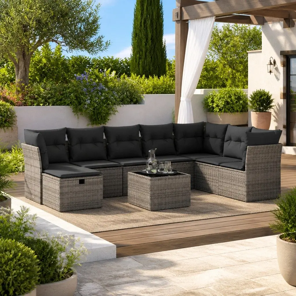 9 Piece Modular Outdoor Sofa Set Grey Durable Poly Rattan with Storage Function