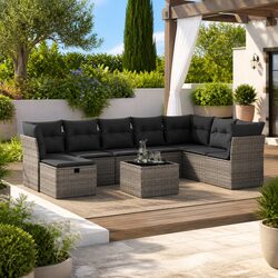 Garden Sofa Set 9 Piece Outdoor Furniture Grey Poly Rattan Modular with Storage