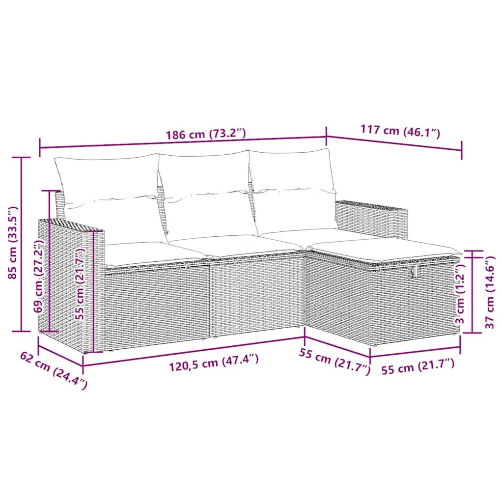 Garden Sofa Set Modular 4 Piece Outdoor Furniture with Cushions Black