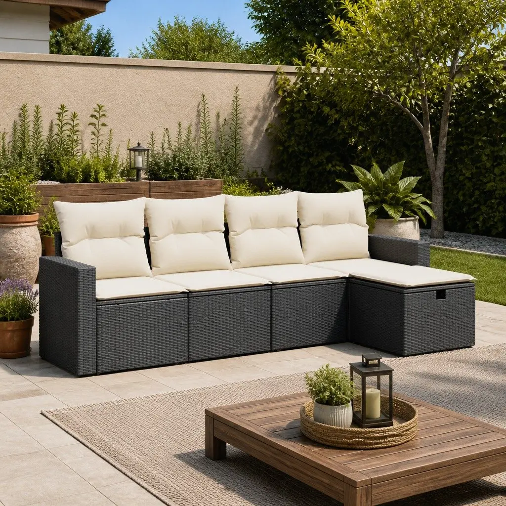 Garden Sofa Set Black Poly Rattan 5 Piece Outdoor Furniture