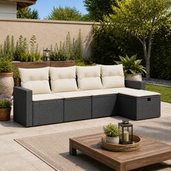 Garden Sofa Set 5 Piece Outdoor Furniture Black Poly Rattan Patio Lounge with