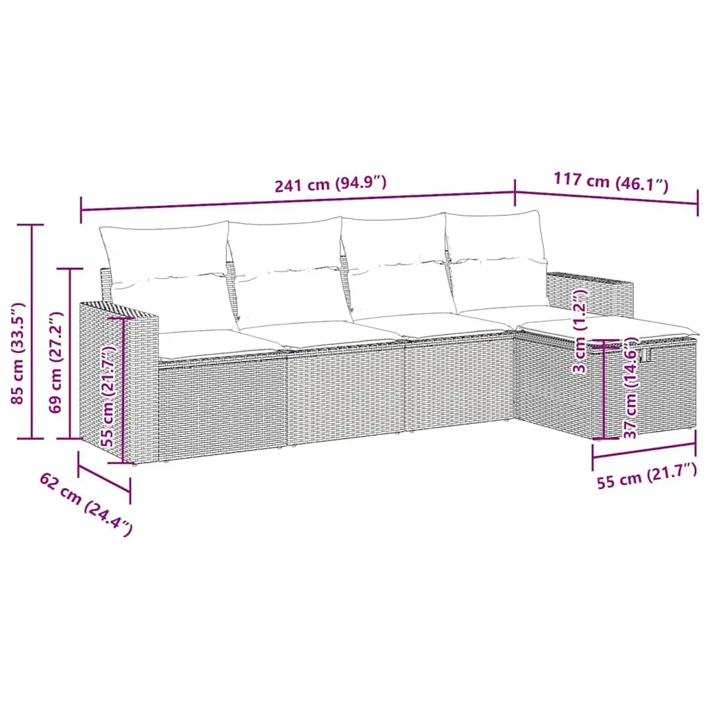 Garden Sofa Set Black Poly Rattan 5 Piece Outdoor Furniture