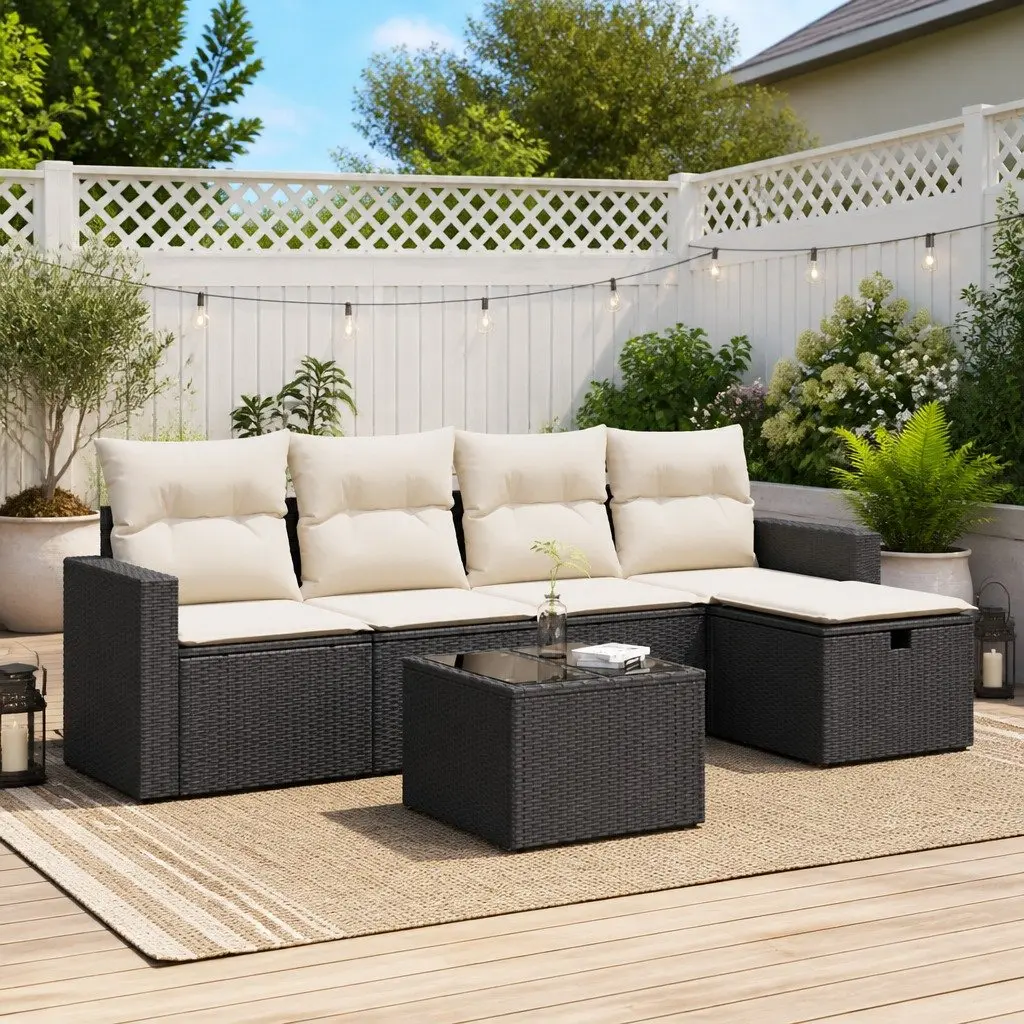 Modular Outdoor Sofa Set Black Poly Rattan 6 Piece Garden Furniture with Cushions