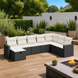Outdoor Garden Sofa Set 8 Piece Black Poly Rattan Patio Furniture with Cushions