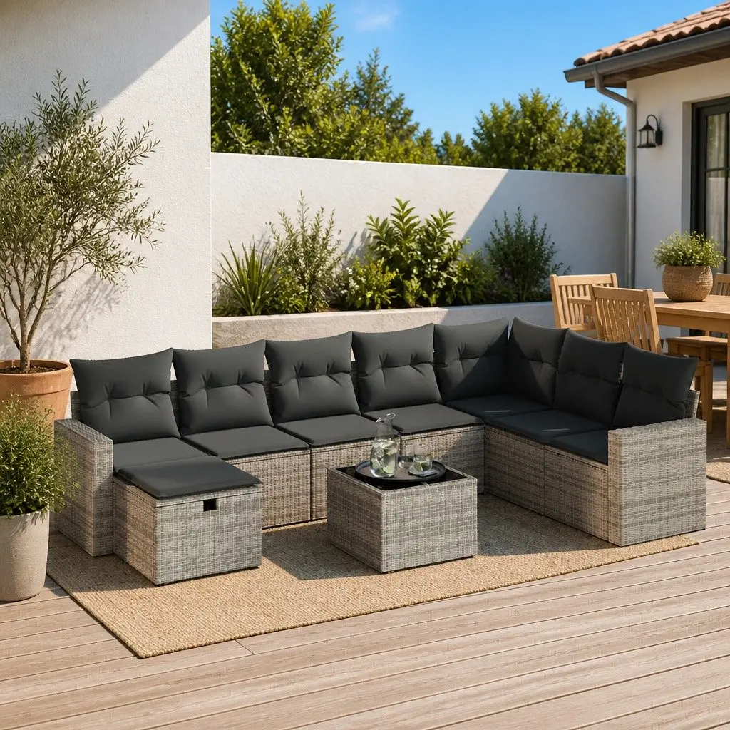 Garden Sofa Set 9 Piece Outdoor Furniture Grey Poly Rattan Modular Patio