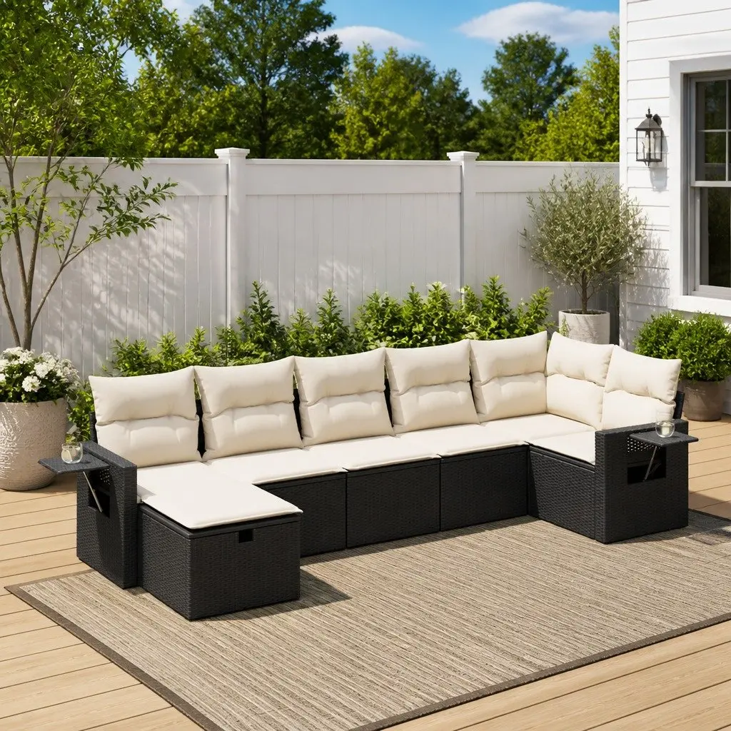 Garden Sofa Set 7 Piece Outdoor Furniture Black Poly Rattan Modular Lounge with