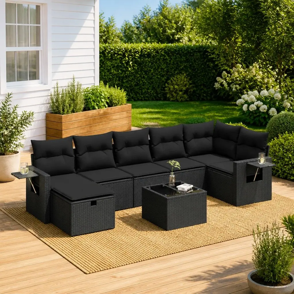 Garden Sofa Set Modular PE Rattan 8 Piece Black Outdoor Furniture