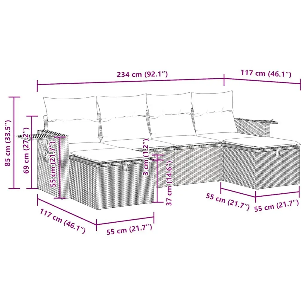 Garden Sofa Set 6 Piece Outdoor Furniture Patio Black Poly Rattan with Cushions