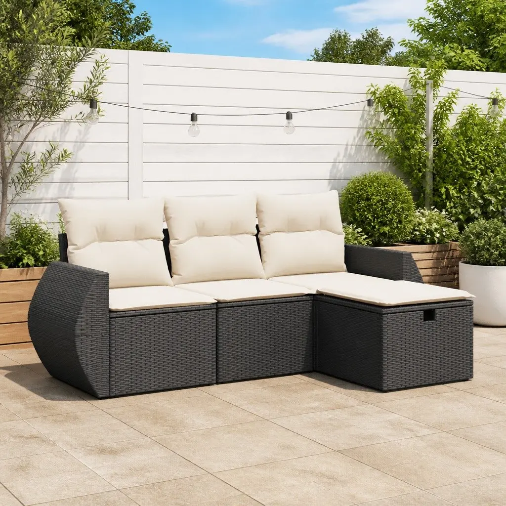 Garden Sofa Set 4 Piece Outdoor Patio Furniture Black Poly Rattan with Cushions