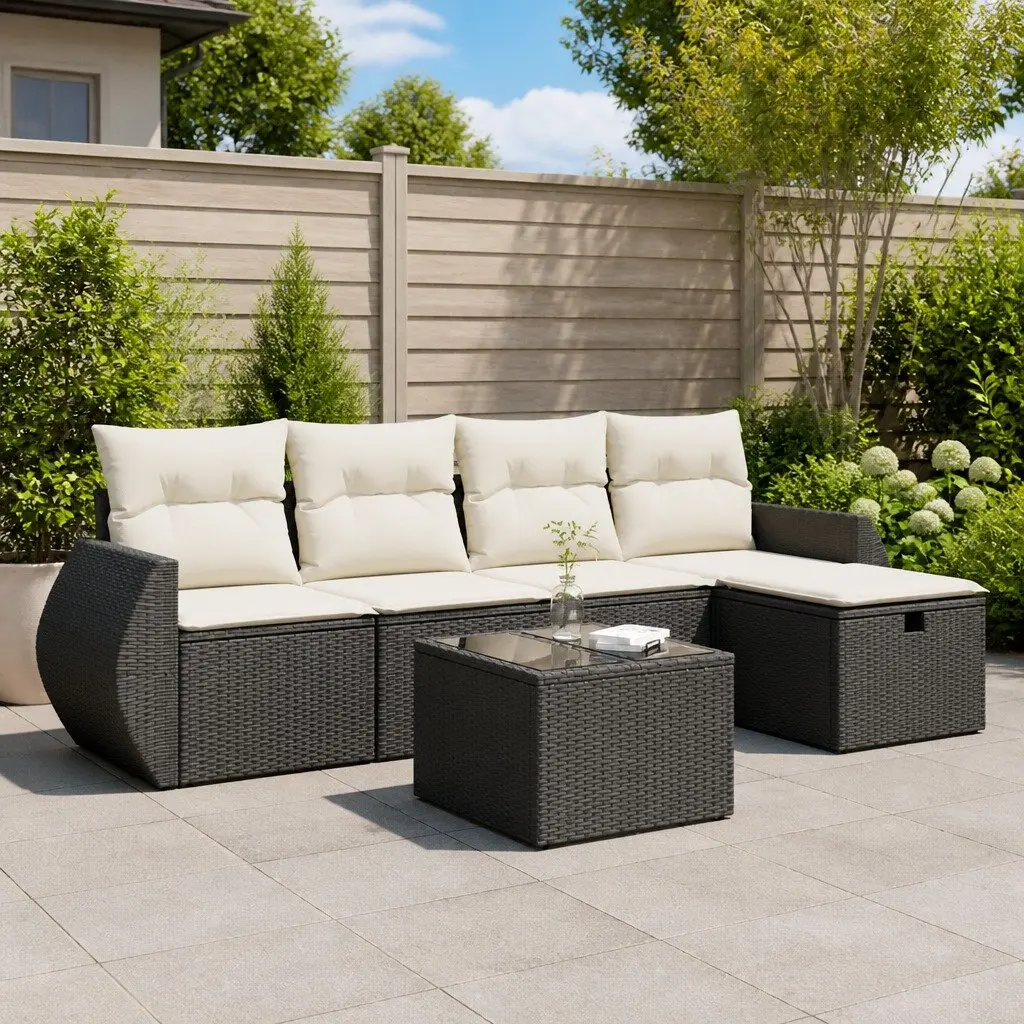 Garden Sofa Set 6 Piece Outdoor Furniture Black Poly Rattan Modular with Storage