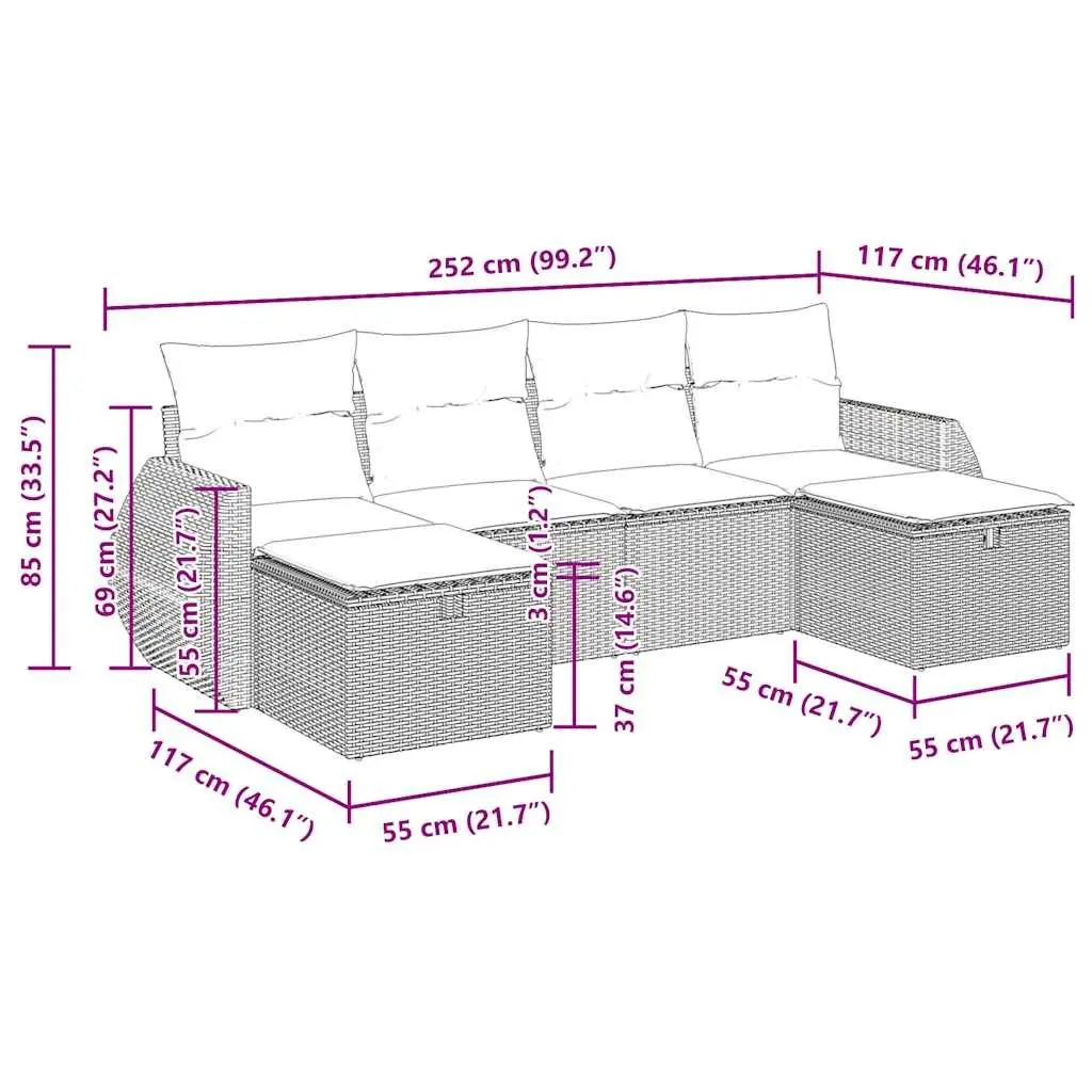 Garden Sofa Set 6 Piece Outdoor Furniture Grey Poly Rattan Patio Lounge with