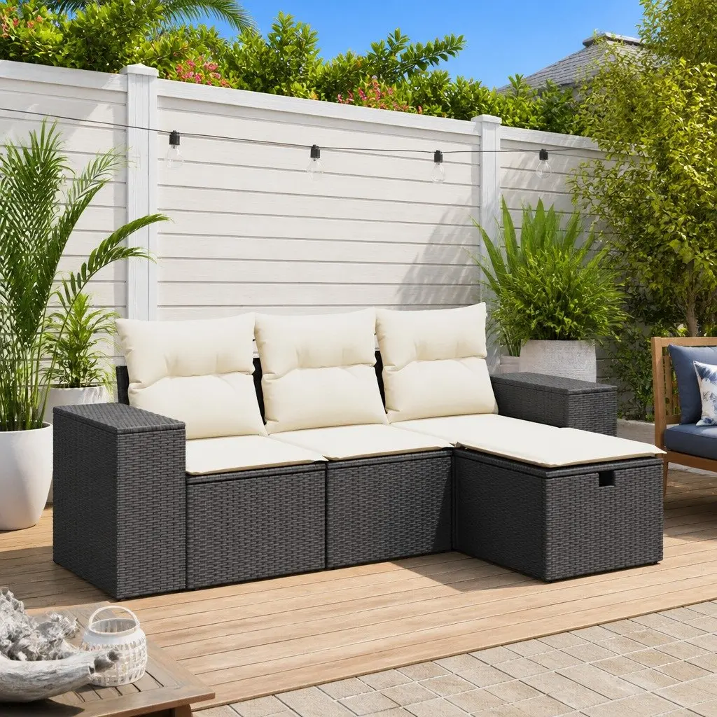 Garden Sofa Set 4 Piece Outdoor Furniture Black Poly Rattan Modular Patio Lounge