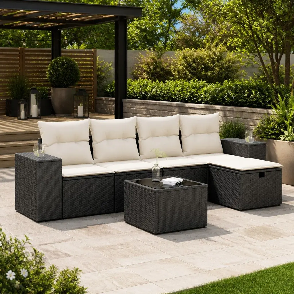 Outdoor Modular Sofa Set 6 Piece Black Poly Rattan Garden Furniture