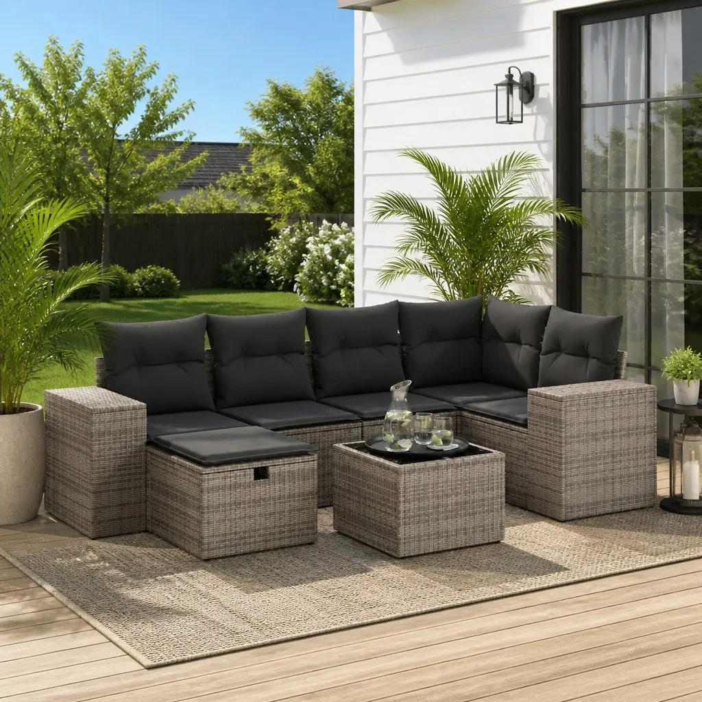 7 Piece Grey Outdoor Garden Sofa Set Poly Rattan Patio Furniture with Cushions