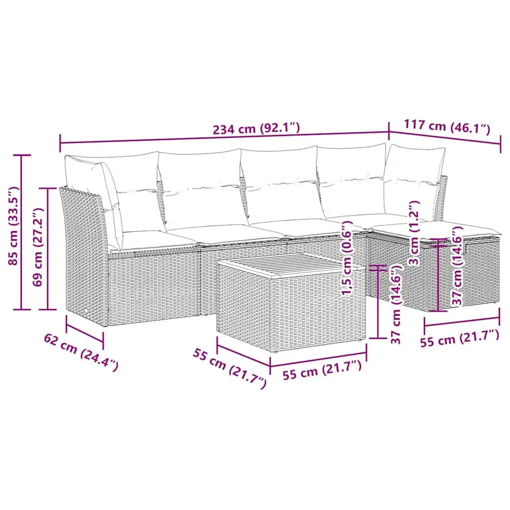 Garden Sofa Set 6 Piece Outdoor Furniture with Cushions Storage Grey Poly Rattan