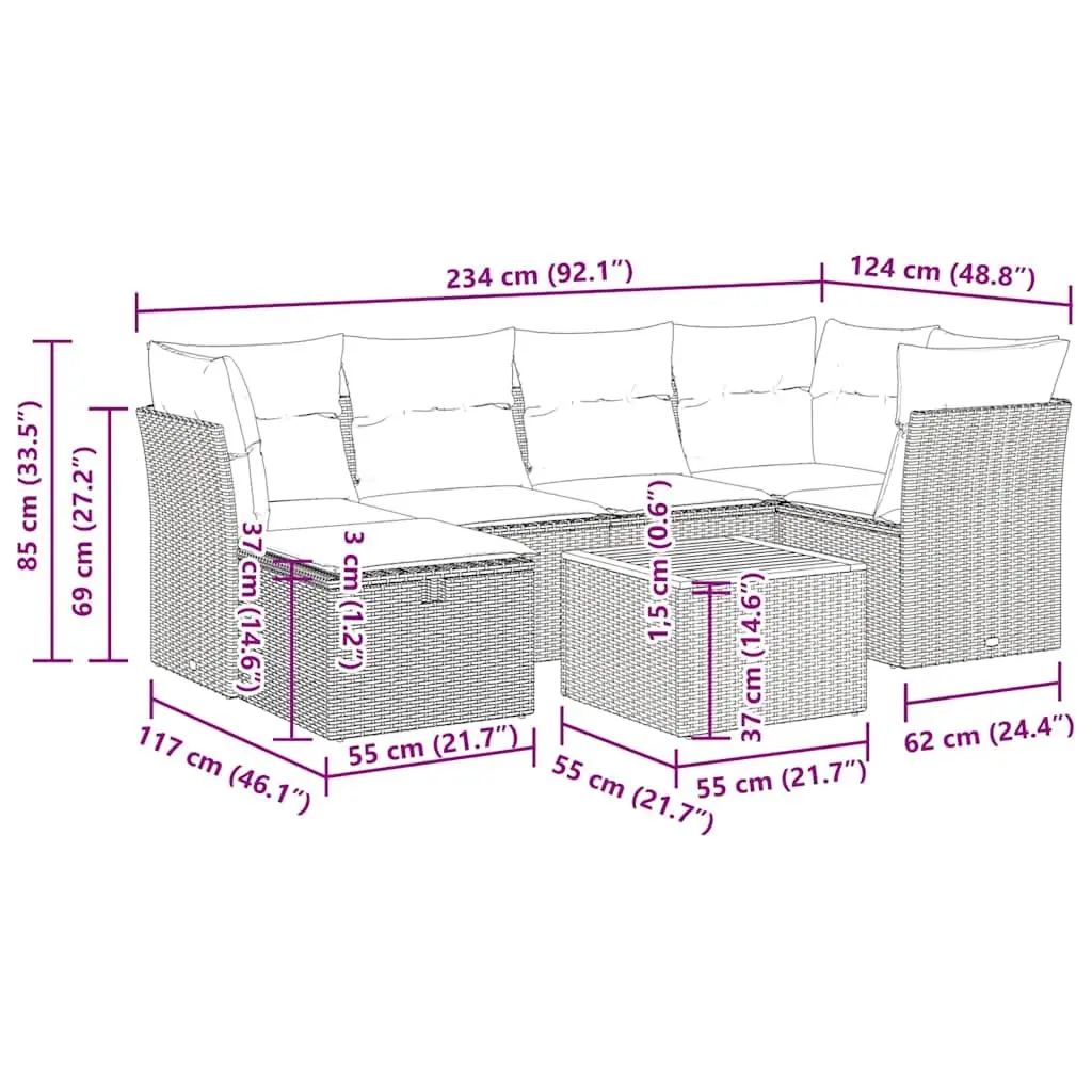 Modular Grey Poly Rattan Outdoor Sofa Set 7 Piece Patio Furniture